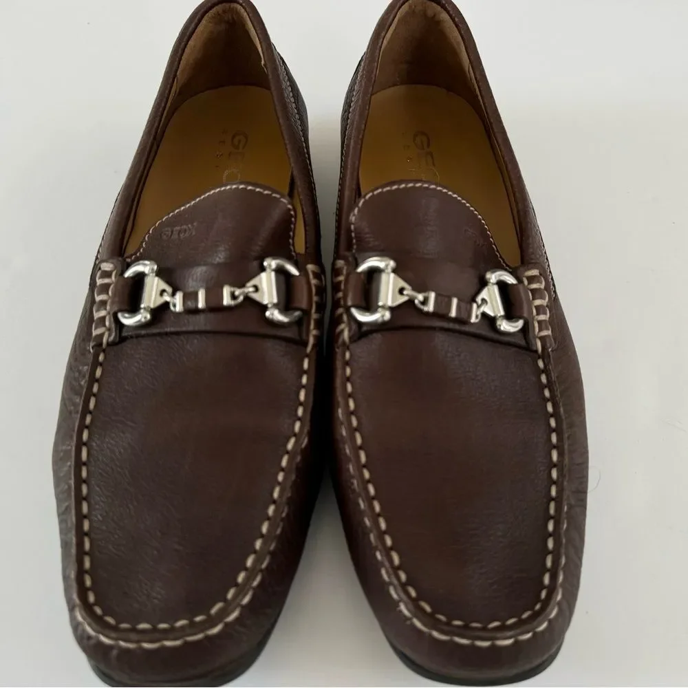 Geox Respira Brown Leather Slip on Shoes Loafer Horsebit Comfort EU 43.5 US 10